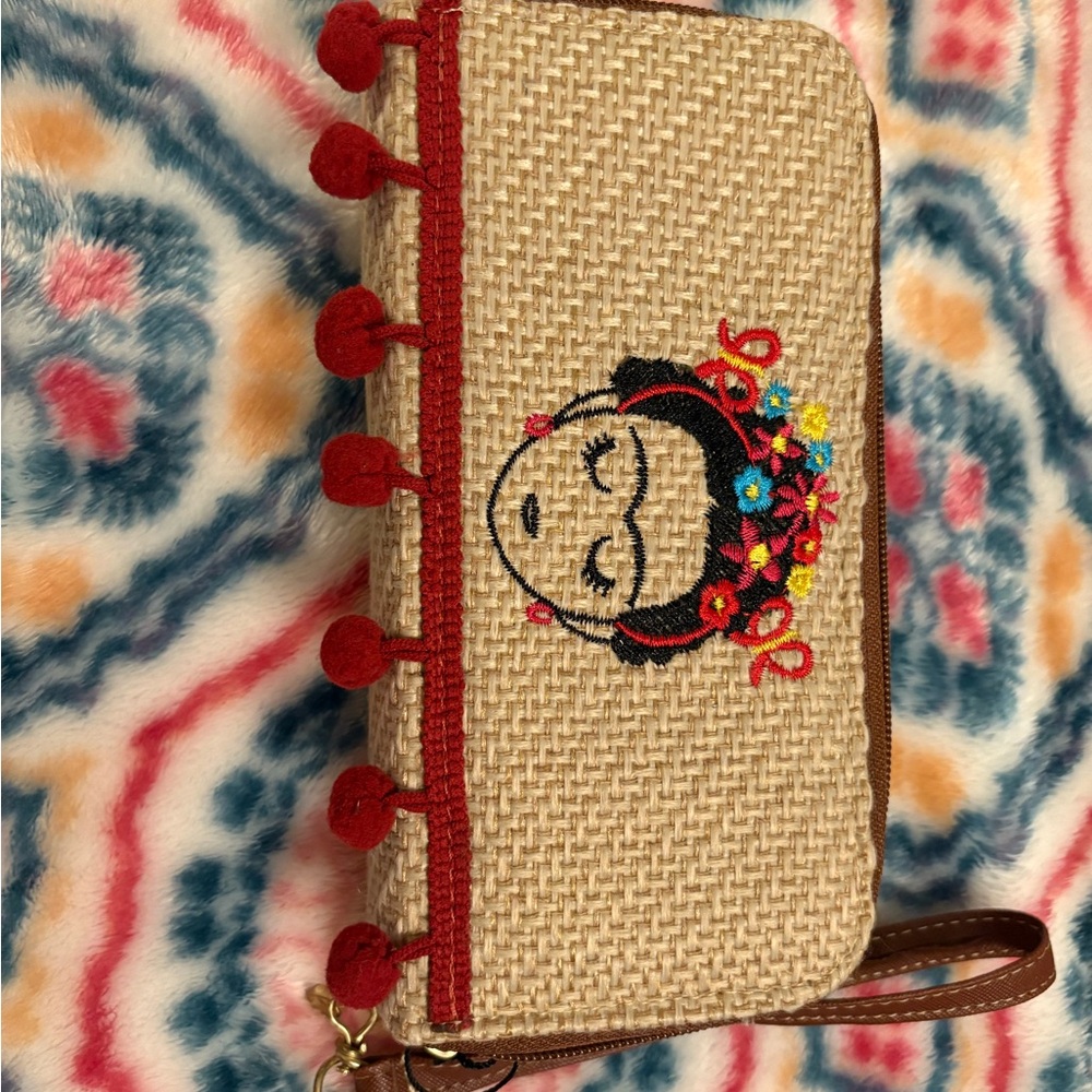 Embroidered Straw Wristlet with Red Accents